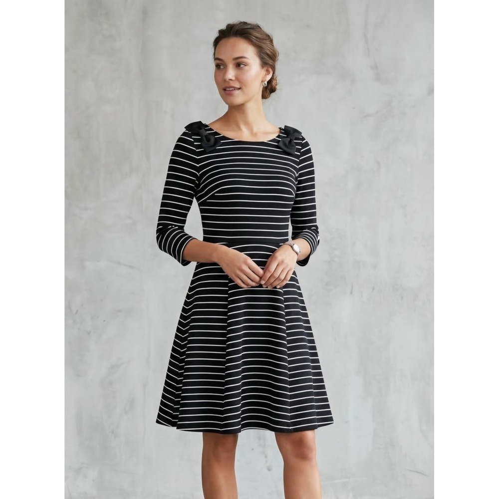 Maison Jules Striped Bow Shoulder Fit Flare Dress Black White XS
